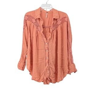 Free People Crochet Lace Button Down Blouse Coral Large Spring Summer Boho Top